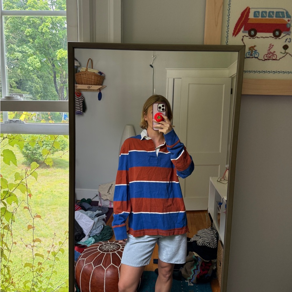 Lands end Striped Rugby Polo Shirt in Rust & Royal Blue